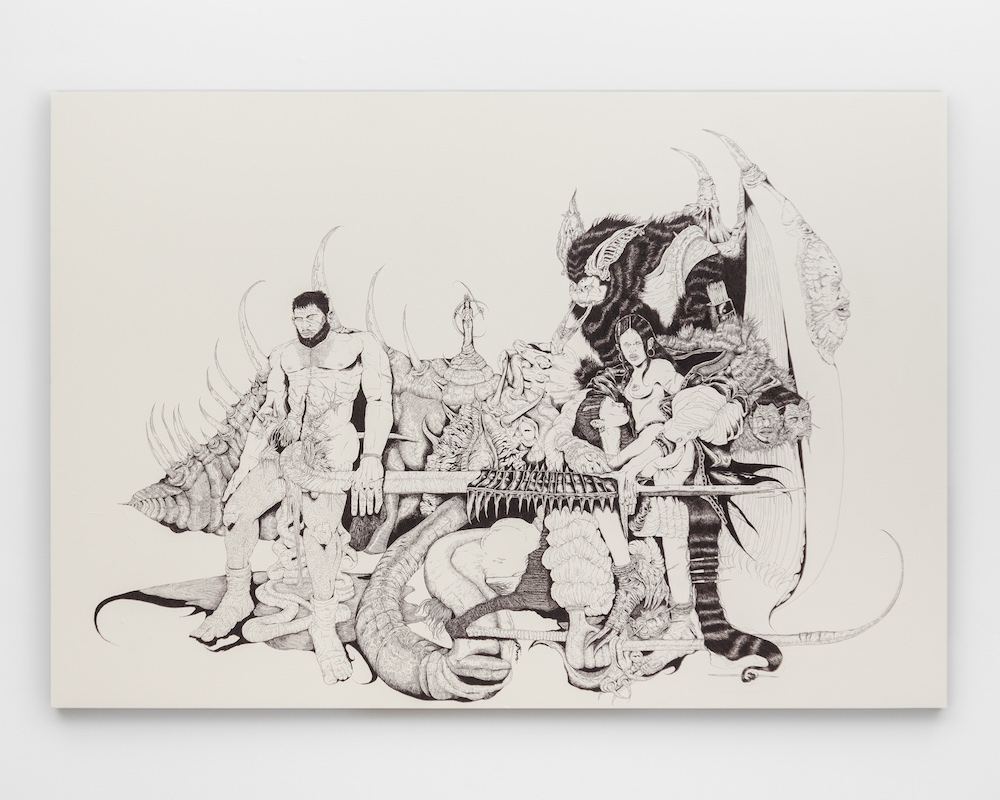 <i>Moon Loves Water</i>, 2024. Pen and ink on paper mounted on board, 55 x 86 in (139.7 x 218 cm)